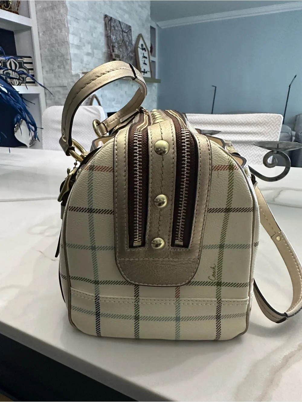Coach Cream Satchel with Multicolor Plaid Stripes